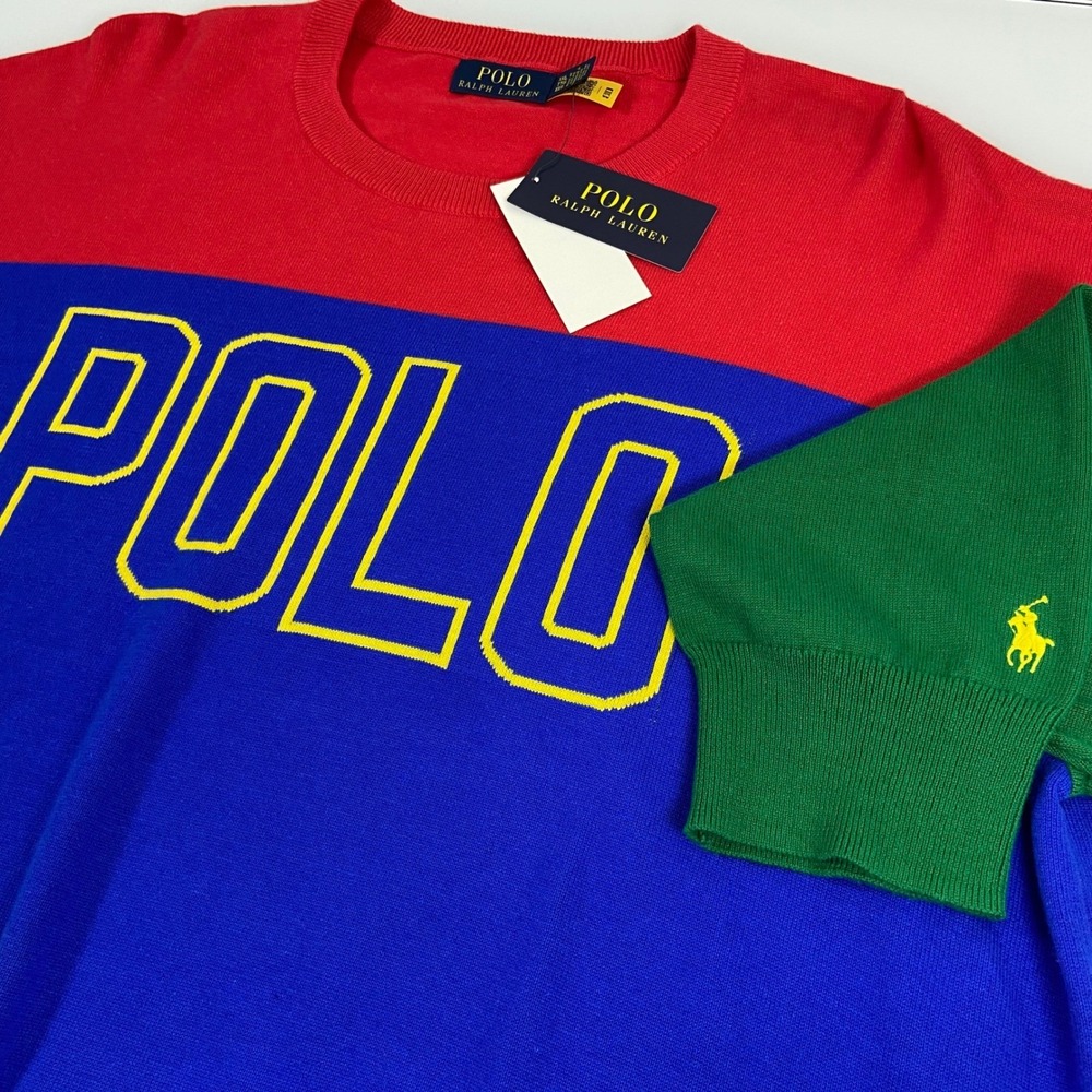 Polo Ralph Lauren Mens L Colorblock Logo Crew Neck Sweater NEW Preppy